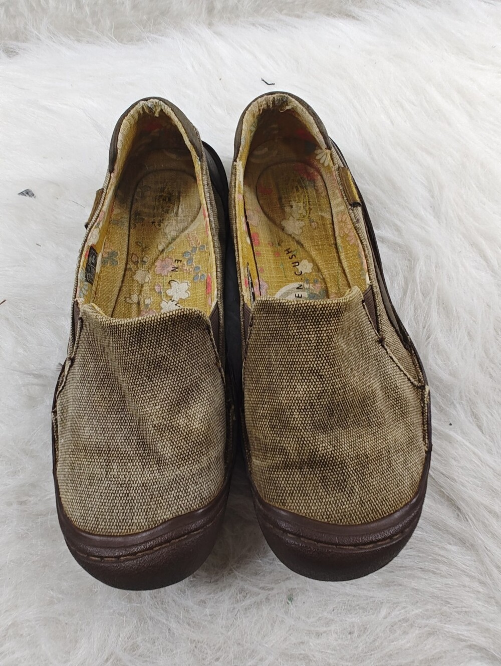 KEEN Cush Slip On Shoes Women's Size 8.5 Brown Yellow Leather Fabric Comfort - Picture 10 of 15